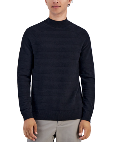 Shop Alfani Men's Regular-fit Textured-stripe Mock Neck Sweater, Created For Macy's In Deep Black