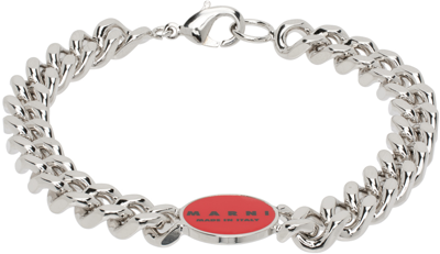 Shop Marni Silver & Red Logo Chain Bracelet In 00r66 Red