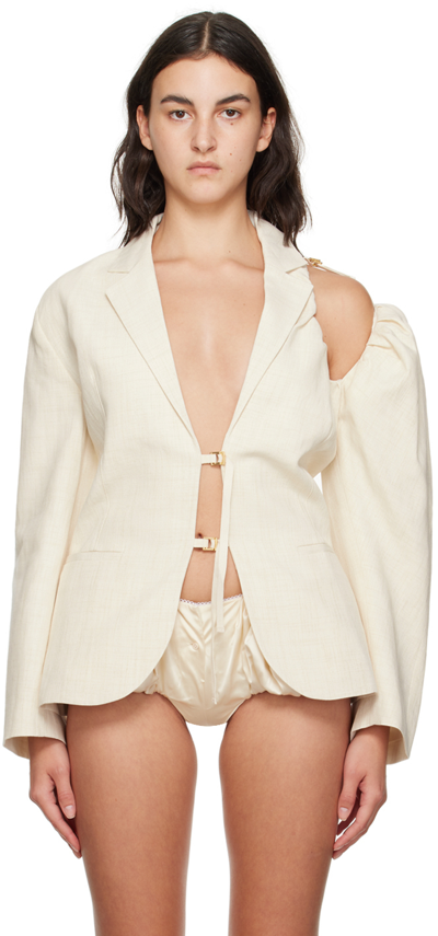 Jacquemus Linen Blazer Jacket With Off-shoulder Puff Sleeve In 110 Off/white