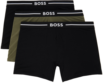 Shop Hugo Boss Three-pack Khaki & Black Boxers In Openmiscellaneous963