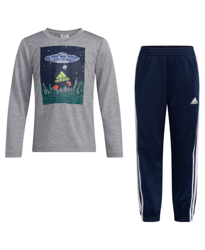 Shop Adidas Originals Little Boys Polyester Melange T-shirt And Joggers, 2 Piece Set In Medium Gray Heather