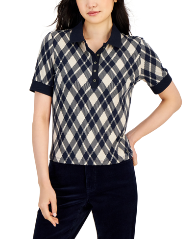 Tommy Hilfiger Women's Plaid Contrast-trim Polo Shirt In Tannin Heather/  Sky Captain | ModeSens