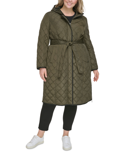 Shop Dkny Women's Plus Size Hooded Belted Quilted Coat In Loden