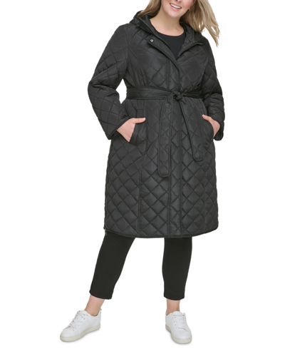 Shop Dkny Women's Plus Size Hooded Belted Quilted Coat In Black