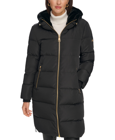 Shop Dkny Women's Down Faux-fur-trim Hooded Puffer Coat In Black