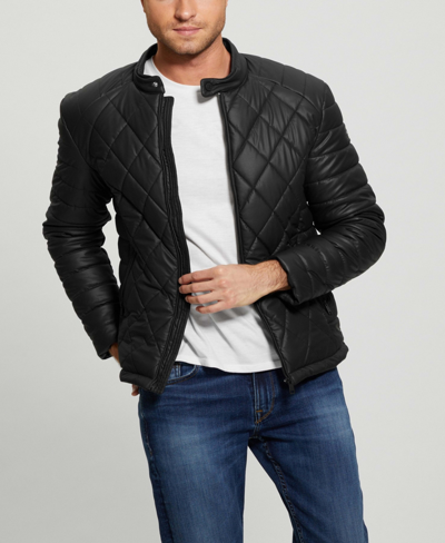 Shop Guess Men's Stretch Faux Leather Biker Collar Jacket In Black
