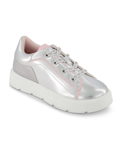 Shop Dkny Little Girls Brooke Glitter Lace Up Platform Sneaker In Silver