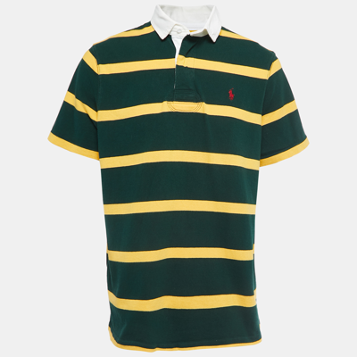 Pre-owned Polo Ralph Lauren Green & Yellow Striped Cotton Knit Contrast Collar T-shirt L
