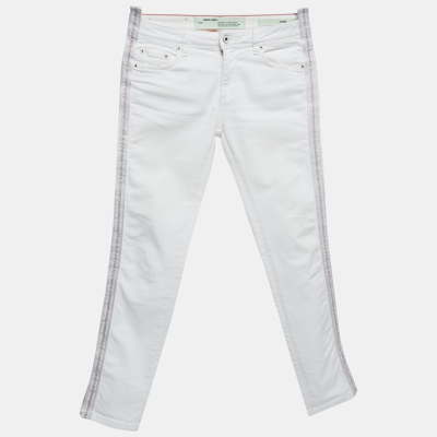 Pre-owned Off-white White Denim Logo Tape Detail Skinny Jeans S Waist 26"