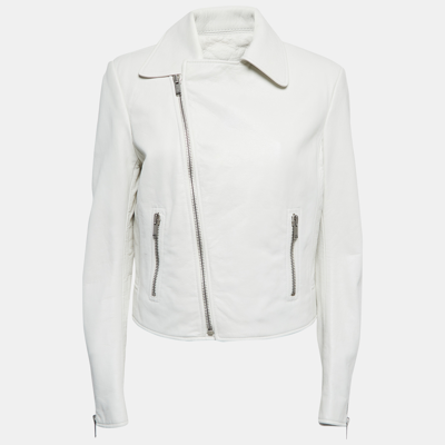 Pre-owned Saint Laurent Dusty White Leather Zip Front Biker Jacket L