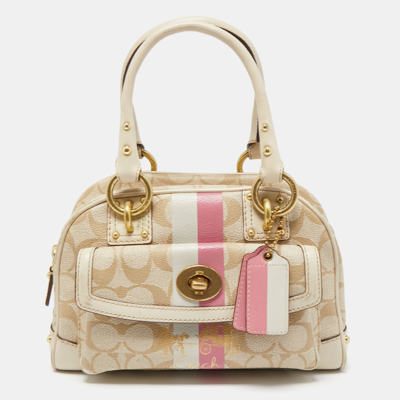 Pre-owned Coach Pink/beige Signature Coated Canvas And Leather
