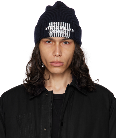 Shop Stone Island Navy Painted Beanie In V0020 Navy Blue