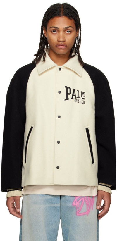 Shop Palm Angels Black & White University Bomber Jacket In Butter Black