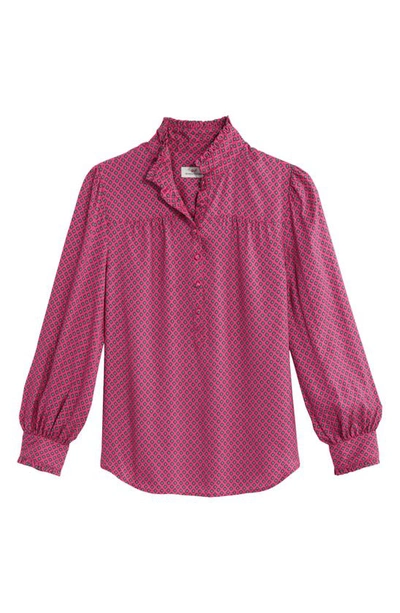 Vineyard Vines Print Silk Blend Ruffle Collar Popover Top In Diamond Border -pink