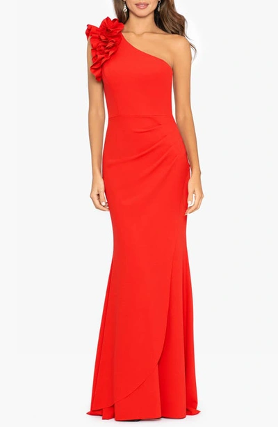 Xscape Ruffle One-shoulder Scuba Crepe Gown In Red