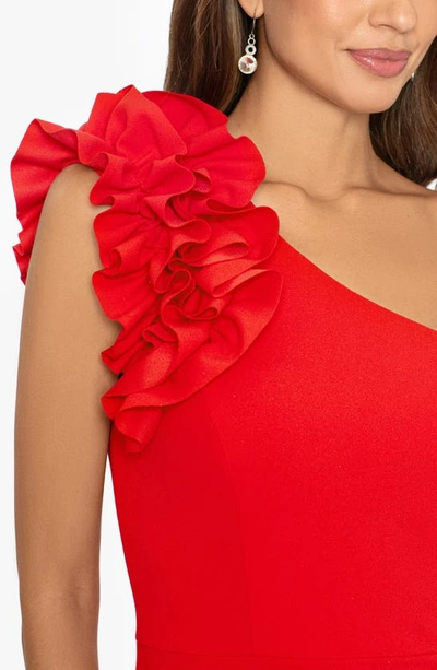 Xscape Ruffle One-shoulder Scuba Crepe Gown In Red