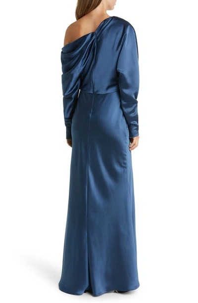 Shop Amsale Pleated One-shoulder Long Sleeve Satin Gown In French Blue