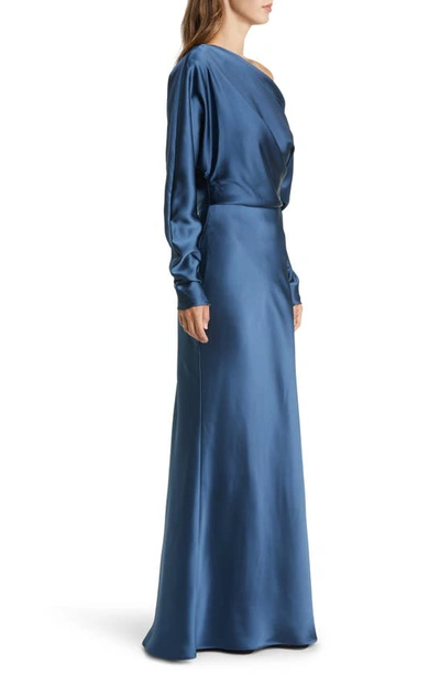 Shop Amsale Pleated One-shoulder Long Sleeve Satin Gown In French Blue