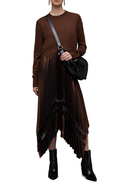 Shop Allsaints Nadia Two-piece Metallic Dress & Merino Wool Sweater In Pale Cacao/ Black
