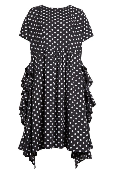 Shop Comme Des Garçons Comme Des Garçons Polka Dot Ruffle Trim Dress In Black/ White