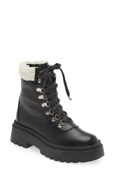 Shop Billini Ferria Combat Boot With Faux Shearling Trim In Black-cream Shearling