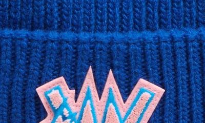 Shop Moncler Hockey Logo Virgin Wool Rib Beanie In Blue