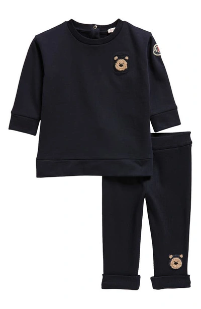 Shop Moncler Kids' Bear Patch Cotton Stretch Fleece Sweatshirt & Joggers Set In Blue Navy