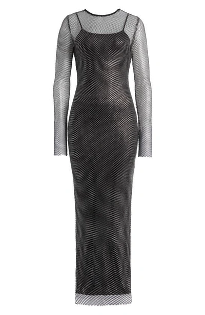 Shop Rare London Diamante Long Sleeve Embellished Gown In Black