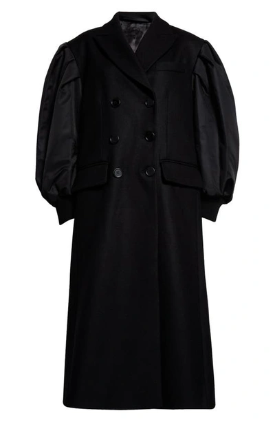 Shop Simone Rocha Double Breasted Virgin Wool Melton & Nylon Bomber Coat In Black/ Pearl