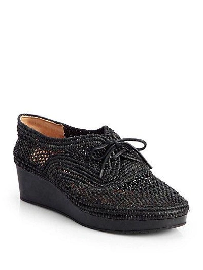 Shop Robert Clergerie Vicoleg Woven Raffia Lace-up Wedges In Black