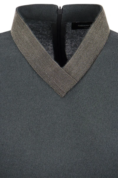 Shop Fabiana Filippi V-neck Sweater With Necklace In Avio