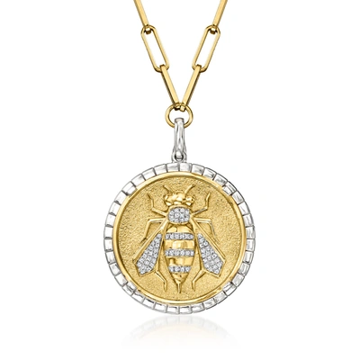 Ross-simons Diamond Bumblebee Medallion Paper Clip Link Necklace In 2-tone Sterling Silver In Gold