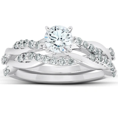 Pompeii3 3/4ct Diamond Infinity Engagement Ring Set 14k White Gold Maching Woven Band In Silver