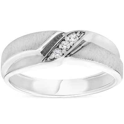 Shop Pompeii3 Mens 1/10ct White Gold Diamond Ring Contour Brushed Three Stone Wedding Band In Silver
