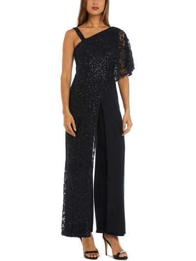 Shop R & M Richards Womens Lace Overlay Sequined Jumpsuit In Blue