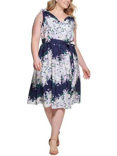 Shop Vince Camuto Plus Womens Floral Print Midi Fit & Flare Dress In Blue