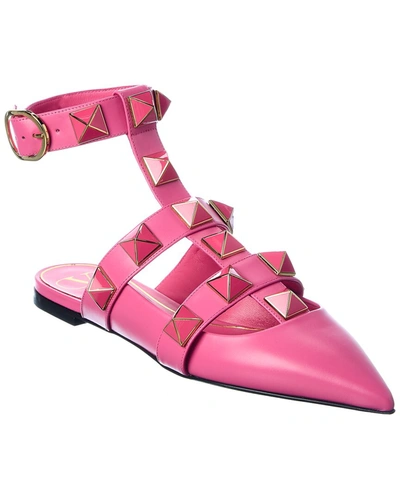 Shop Valentino Roman Stud Leather Ankle Strap Flat In Pink