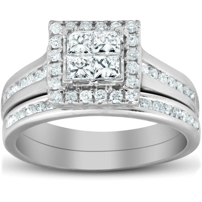 Pompeii3 1 Ct Tdw Princess Cut Halo Diamond Engagement Wedding Ring Set 10k White Gold In Silver