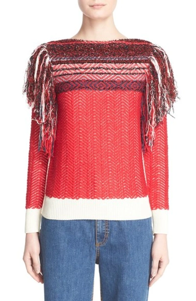 Shop Marc Jacobs Fringed Fair Isle Sweater In Red/white