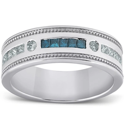 Shop Pompeii3 1/2 Ct Mens Blue Diamond Princess Cut Wedding Ring 10k White Gold In Silver