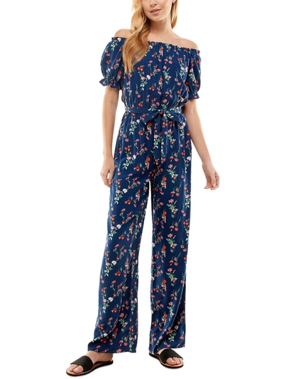 Shop Kingston Grey Juniors Womens Floral Print Off-the-shoulder Jumpsuit In Blue
