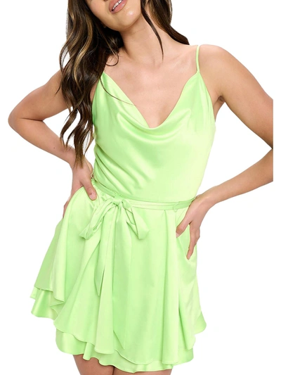 Shop B Darlin Juniors Womens Satin Cowlneck Fit & Flare Dress In Green