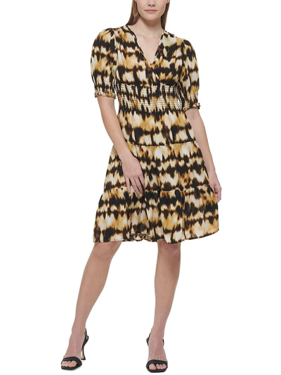 Shop Calvin Klein Womens Smocked Puff Sleeve Fit & Flare Dress In Multi