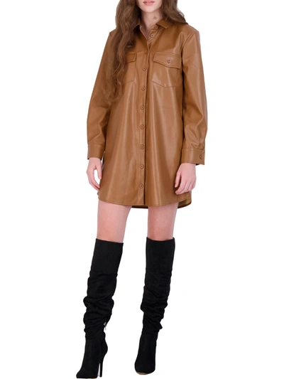 Shop Bb Dakota By Steve Madden Womens Faux Leather Mini Shirtdress In Brown