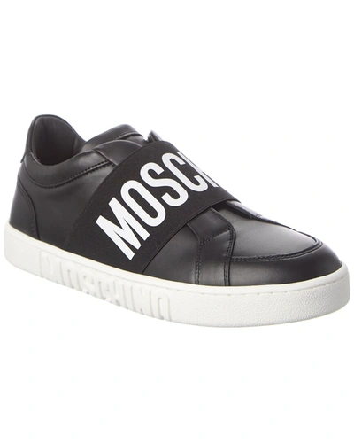 Shop Moschino Logo Band Leather Sneaker In Black