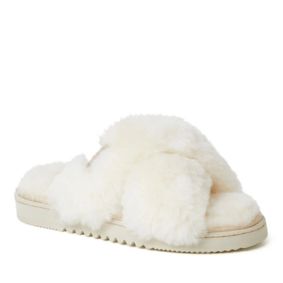 DEARFOAMS FIRESIDE BY DEARFOAMS WOMEN'S NEW CASTLE GENUINE SHEARLING CROSS BAND SLIDE 