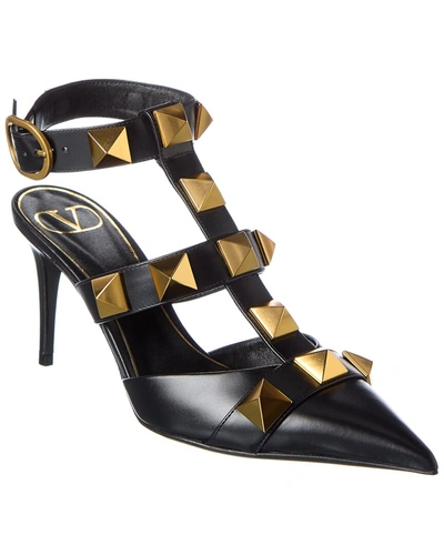 Shop Valentino Roman Stud 80 Leather Ankle Strap Pump In Gold