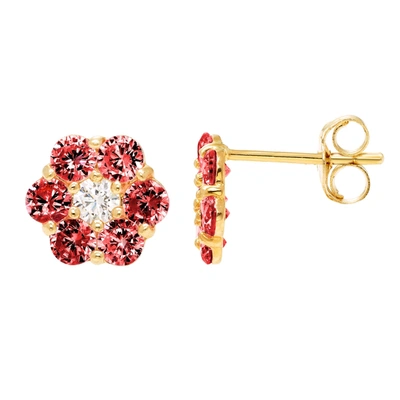 Shop Ballstudz 14k Yellow Gold 7mm Cz Flower Stud Earrings, With Pushback, Women's, Unisex In Red