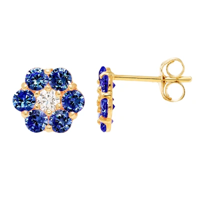 Ballstudz 14k Yellow Gold 7mm Cz Flower Stud Earrings, With Pushback, Women's, Unisex In Blue