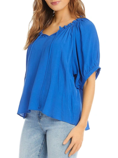 Shop Karen Kane Womens Drapey Fringe-neck Pullover Top In Blue